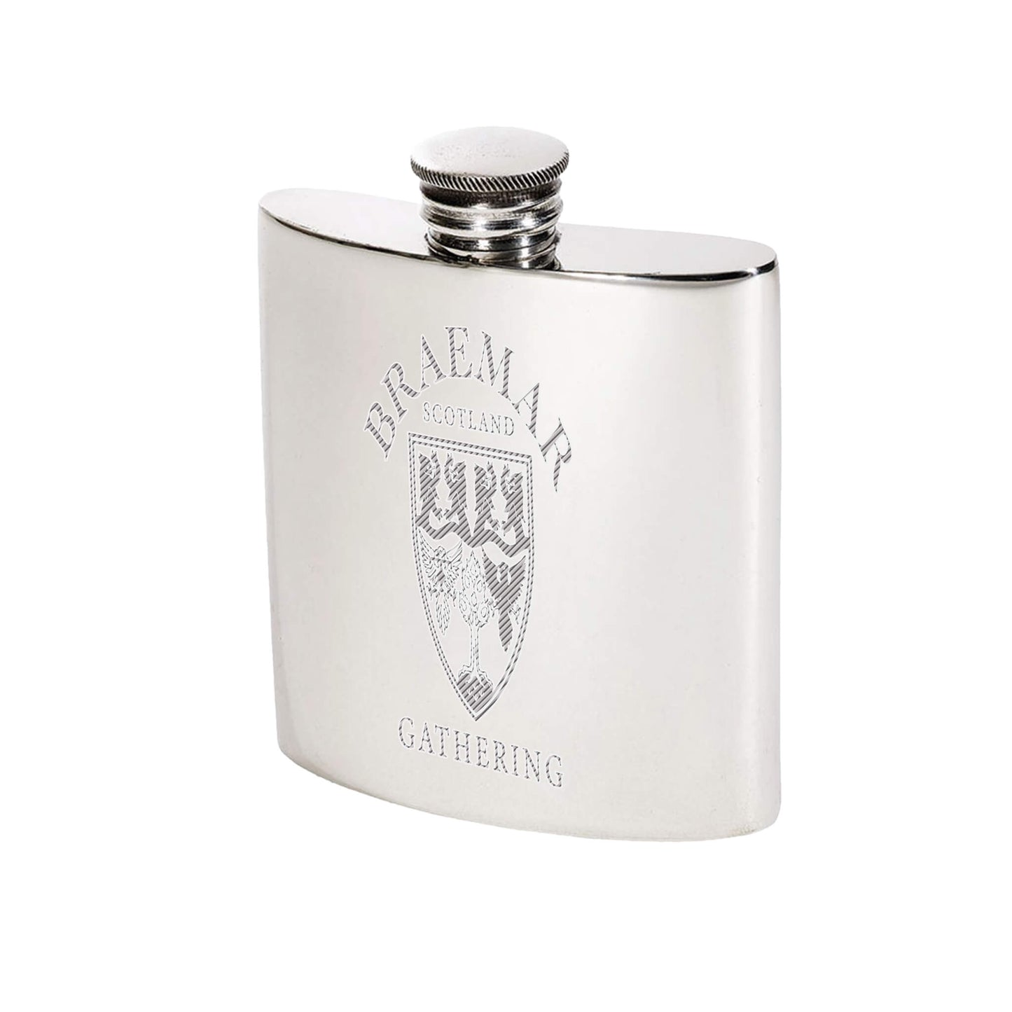 Classic Engraved Pewter Hip Flask | Braemar Gathering