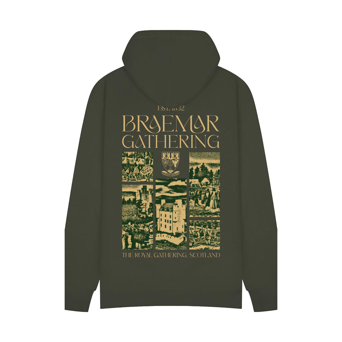 Back view of Braemar Gathering 2026 Heritage Hoodie - Khaki Olive 