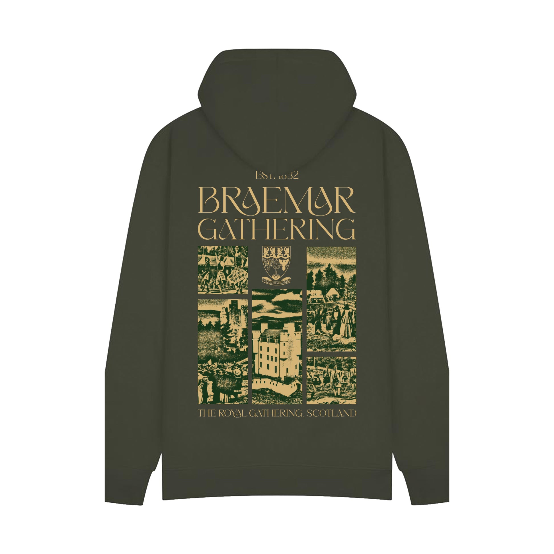 Back view of Braemar Gathering 2026 Heritage Hoodie - Khaki Olive 